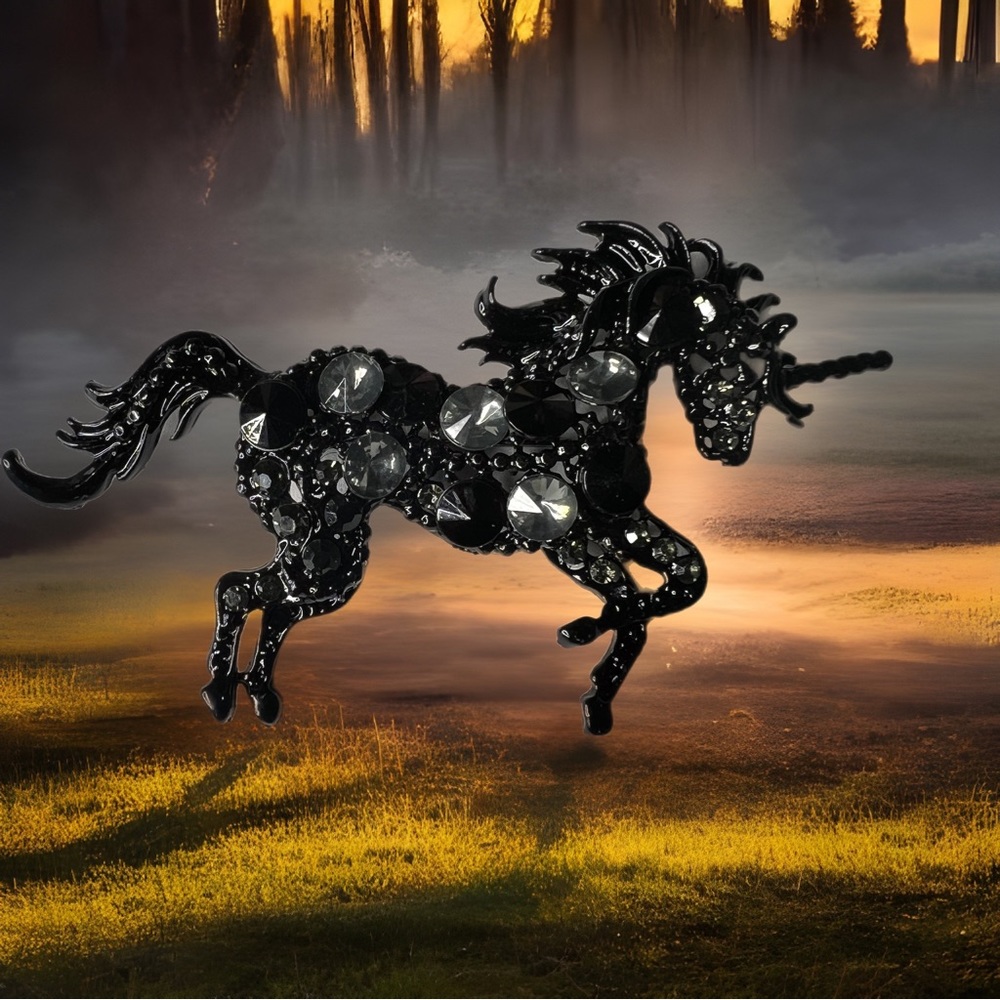 Bedazzled Black Unicorn Brooch